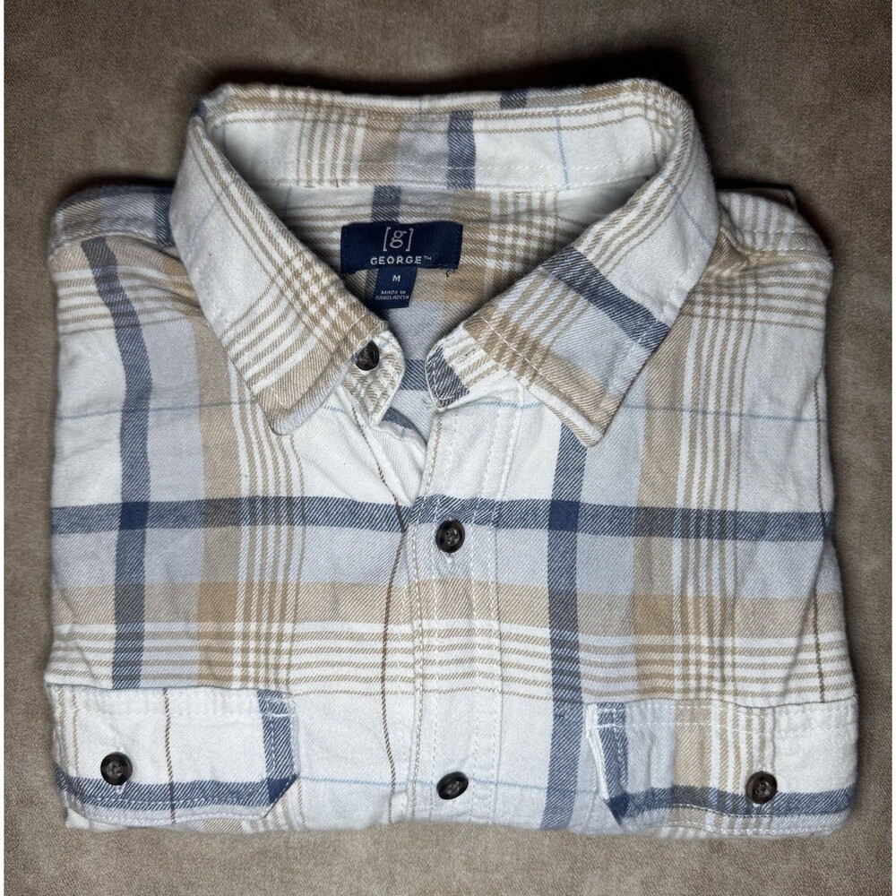 Medium George Men's Button-up Long Sleeve Flannel Shirt So SOFT Blue/Camel Plaid